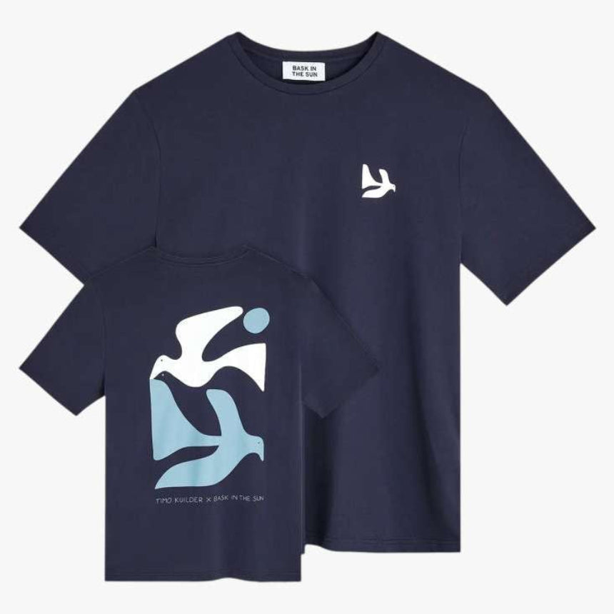 tee shirt bleu bask in the sun peace avec oiseaux bleues et blancs stylisés vue de face et de dos