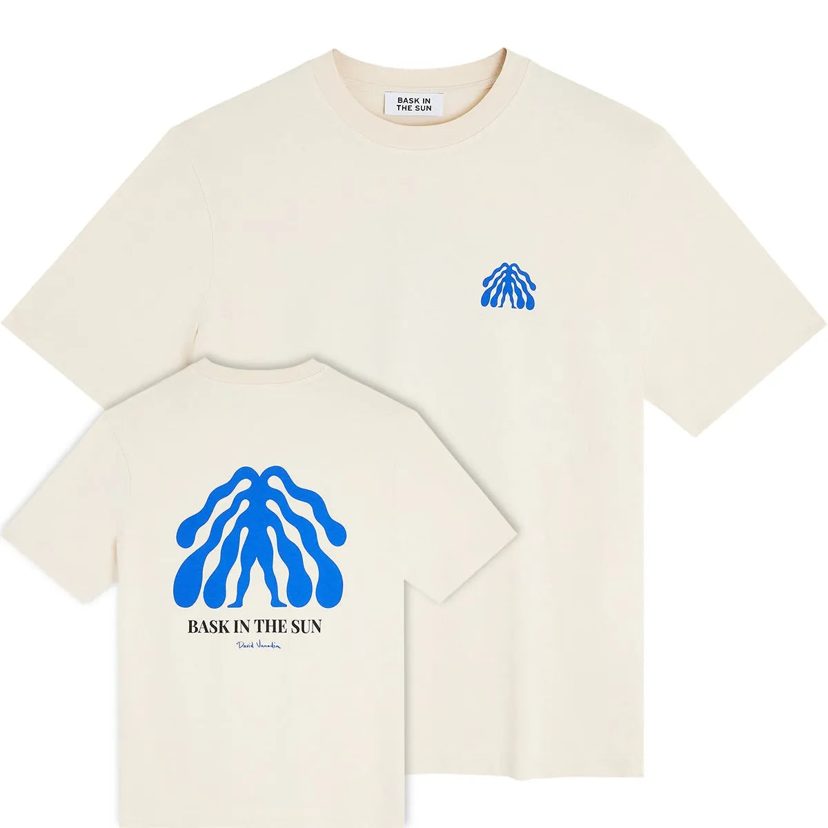T-shirt Bask in the Sun Seaman coloris Ivory, vues avant et arrière avec motifs bleus