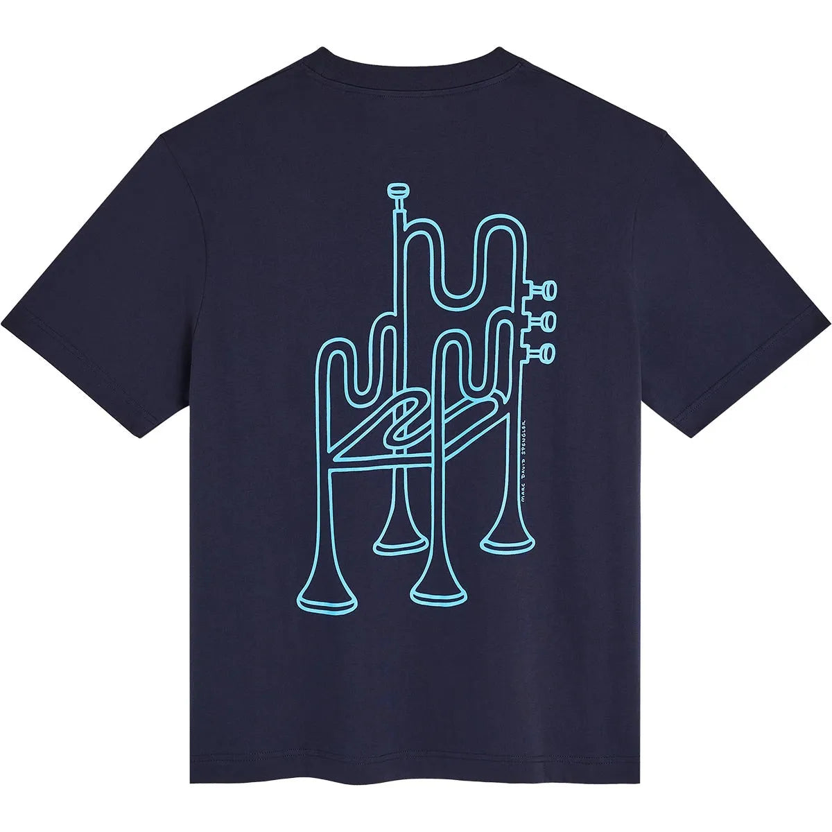 tee shirt bleu homme avec trompettes bleues turquoises design Marc David Spengler
