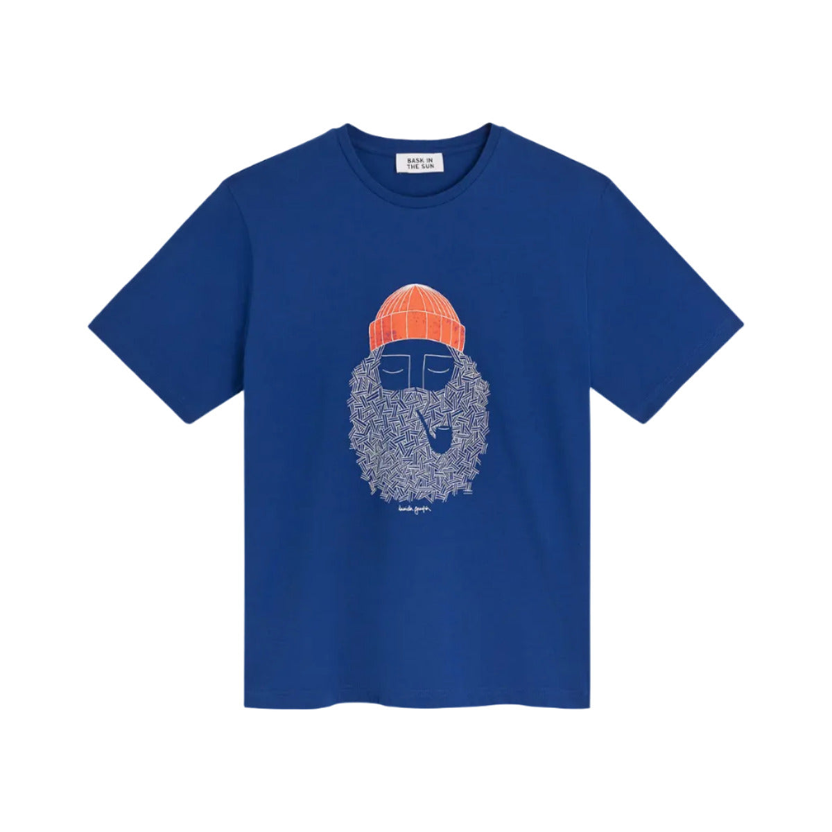 logo iconique du barbu et pipe et bonnet rouge de bask in the sun tee shirt homme bleu vue de face
