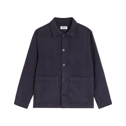 veste homme bleu marine style bleu de travail face a plat