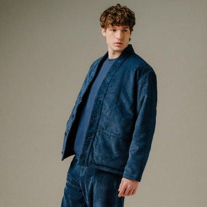 veste bleu marine homme en velours col kimono lifestye