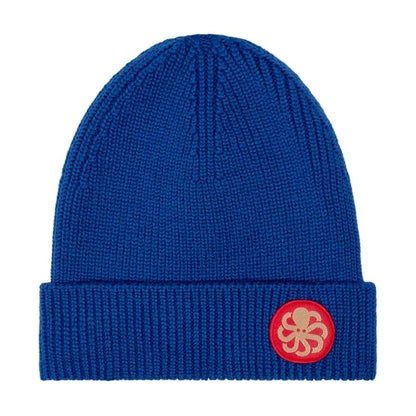 Bonnet bleu pour adulte et enfant présenté seul, revers large et patch poulpe contrasté rouge et crème sur le devant