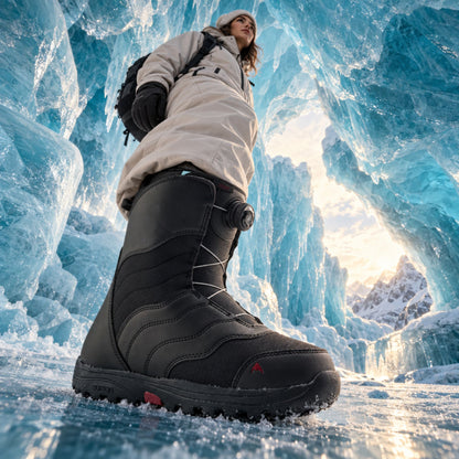 Boot de snowboard femme Burton Mint BOA Wide noire portée sur glace, serrage BOA latéral et semelle crantée visibles