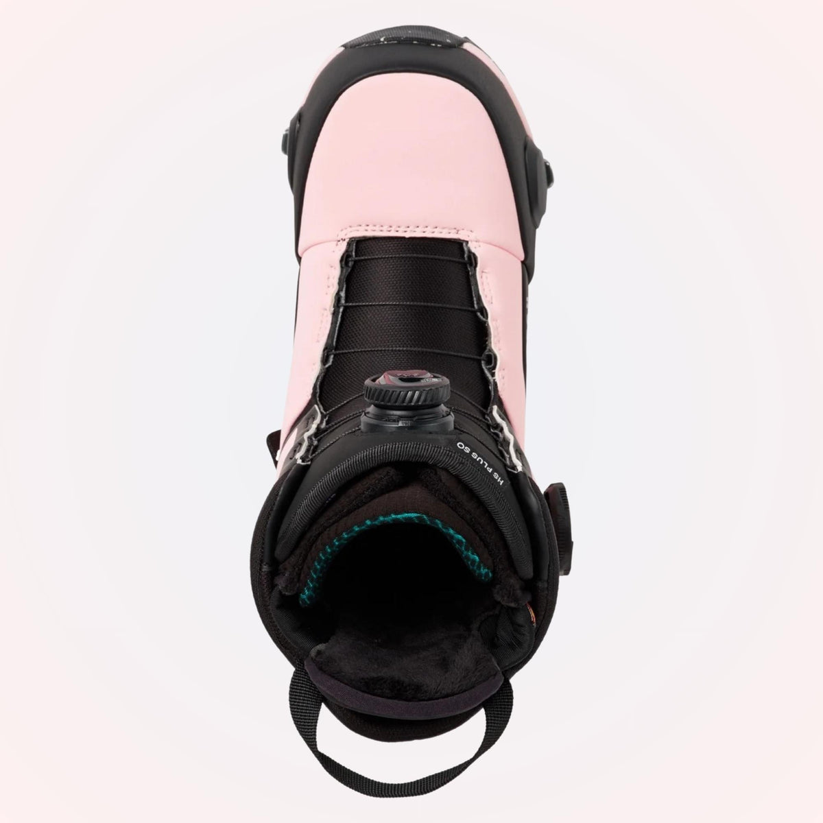 Vue du dessus de la boot Burton Highshot Plus Step On, chausson rose visible autour de l’ouverture et languette noire