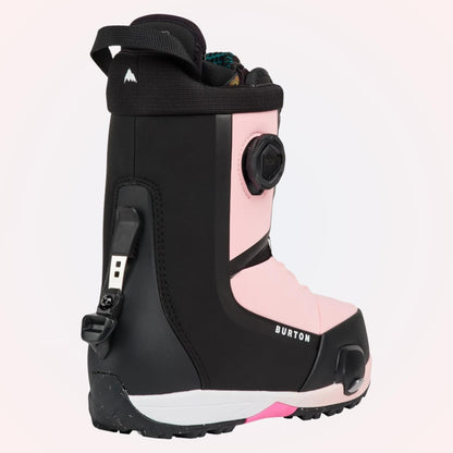Profil extérieur de la boot Burton, panneaux rose pâle, coque noire et semelle Step On à accents blancs et roses