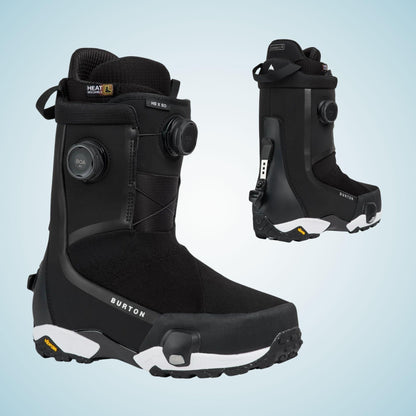 Boots snowboard homme Burton Highshot X Step On Wide noires présentées de face et de dos, avec double BOA et semelle crantée