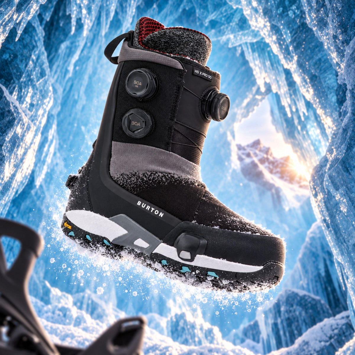 Boot snowboard Burton Highshot X Pro Step On noire en levitation sur neige, avec flex ferme et semelle crantée, image unique