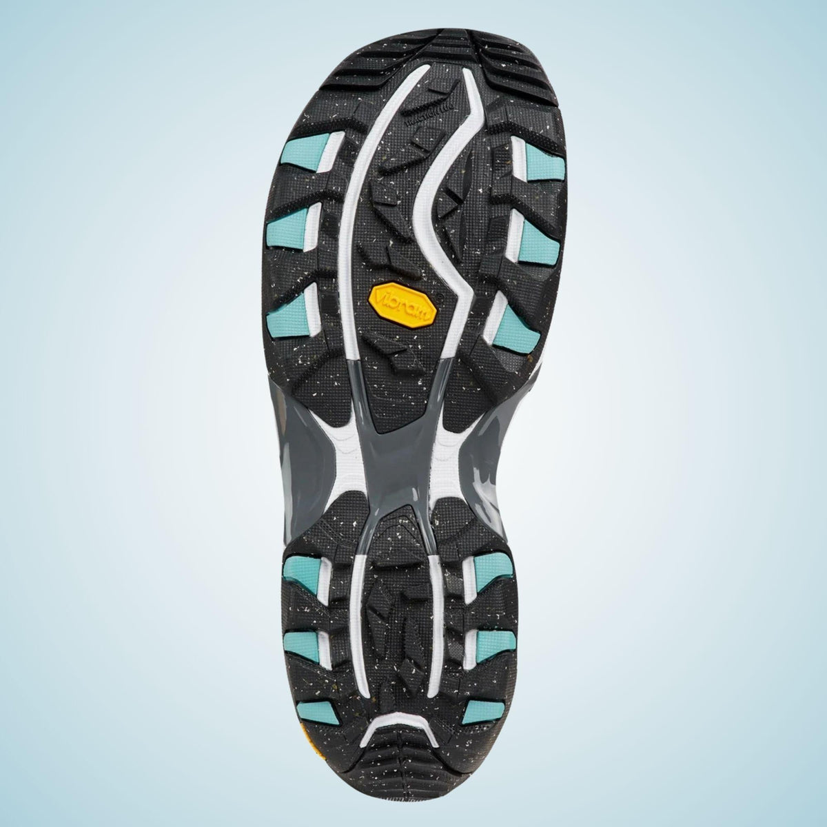 Semelle X Pro Firm Vibram vue de dessous, avec crampons multidirectionnels et zones EcoStep Plus contrastées