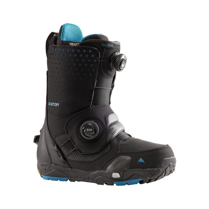 Boot Burton Photon Wide Step On noire vue de profil, double molette BOA, tige perforée et semelle à touches bleu vif