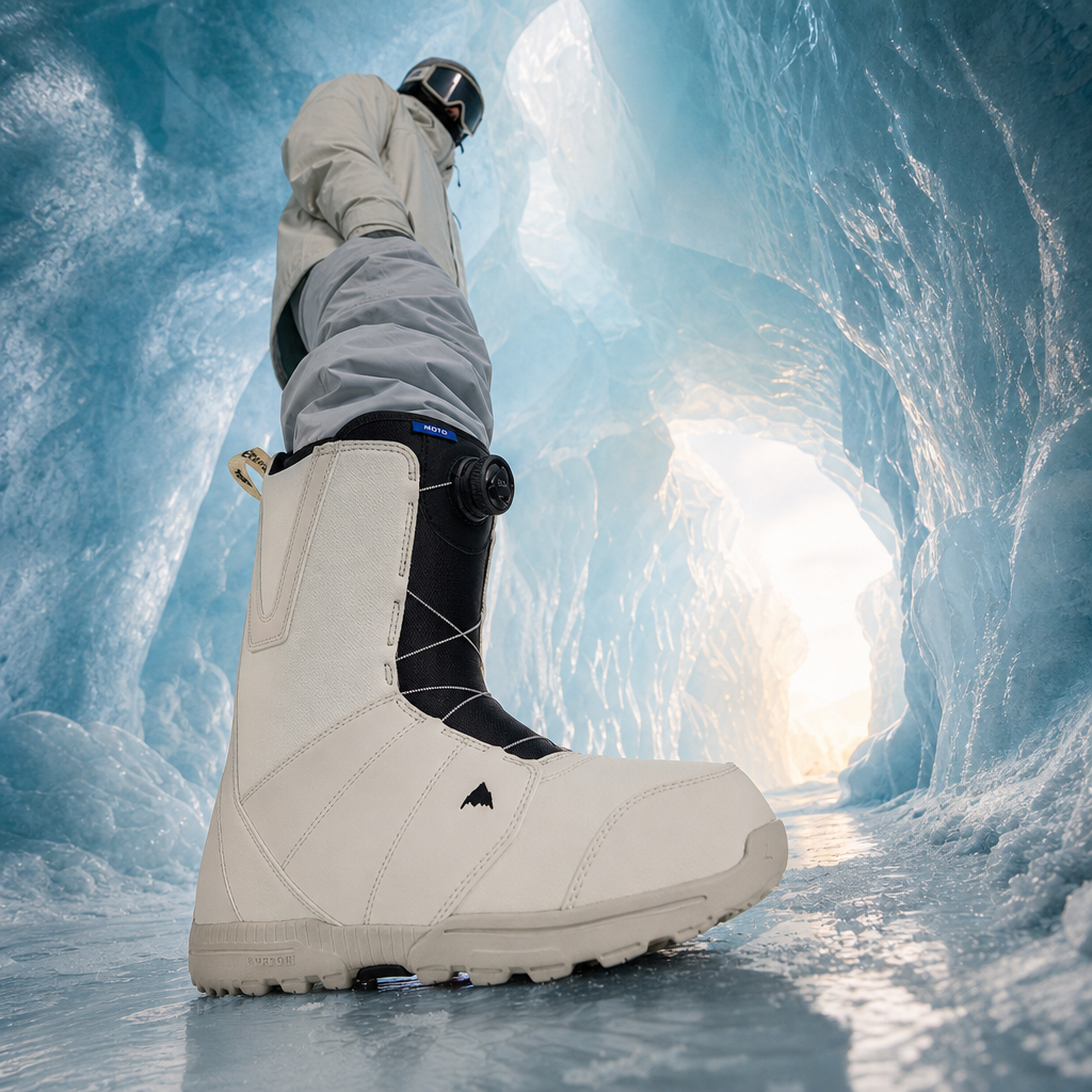 Boot Burton Moto BOA portée dans un décor glacé, coloris écru et noir avec molette , univers surfwear et snowboard