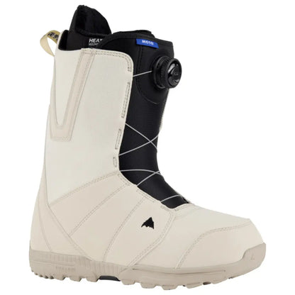 Burton Moto BOA Stout White en trois-quarts, tige écrue, languette noire et câble de serrage croisé sur le devant