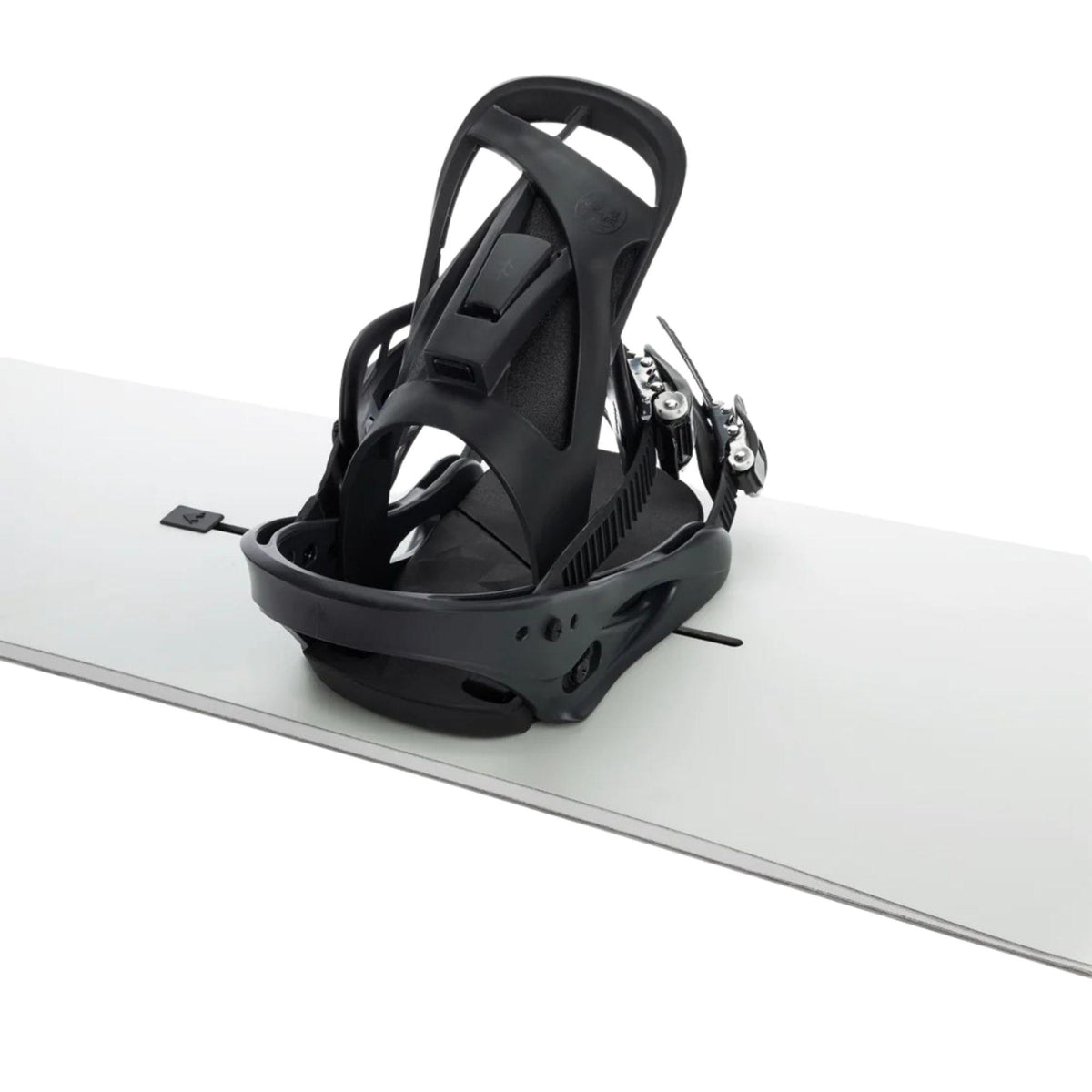 Fixation Burton montée sur snowboard, système Re:Flex compact favorisant flex de la planche et sensations sous le pied