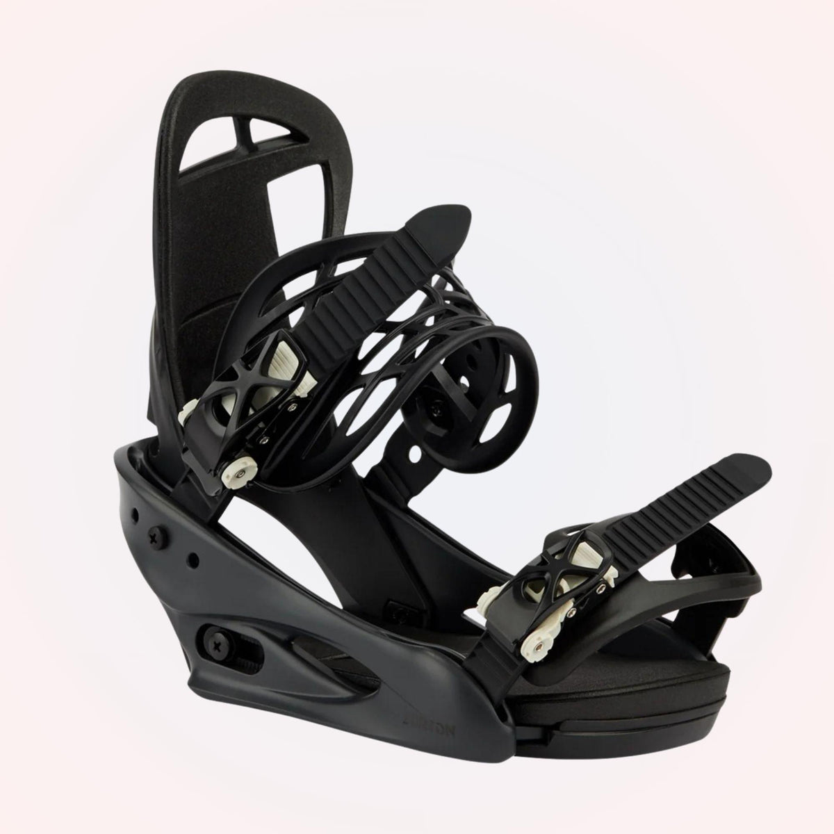 Fixation snowboard noire de profil, spoiler souple et boucles Smooth Glide associées aux sangles de maintien