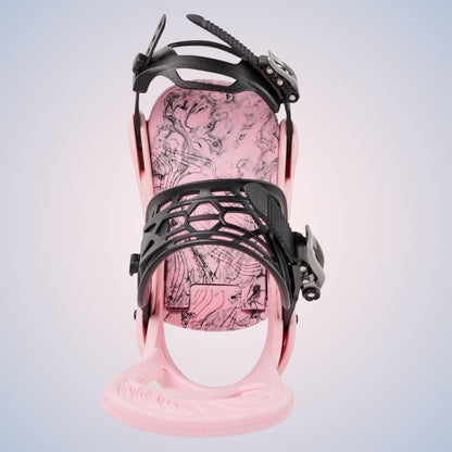 Vue du dessus de la fixation rose, avec footbed noir à graphisme rose, strap cheville ouvert, sangle avant et boucles latérales