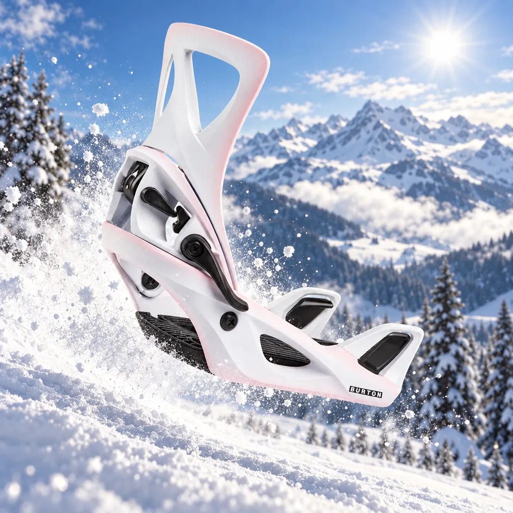fixation step on reflex pink outline  snowboard burton pour femme en lévitation sur la neige