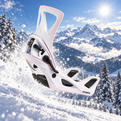 fixation step on reflex pink outline  snowboard burton pour femme en lévitation sur la neige