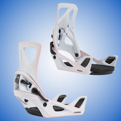 Paire de fixations Burton Step On Re:Flex blanches présentées de profil, montrant spoilers hauts et systèmes de connexion