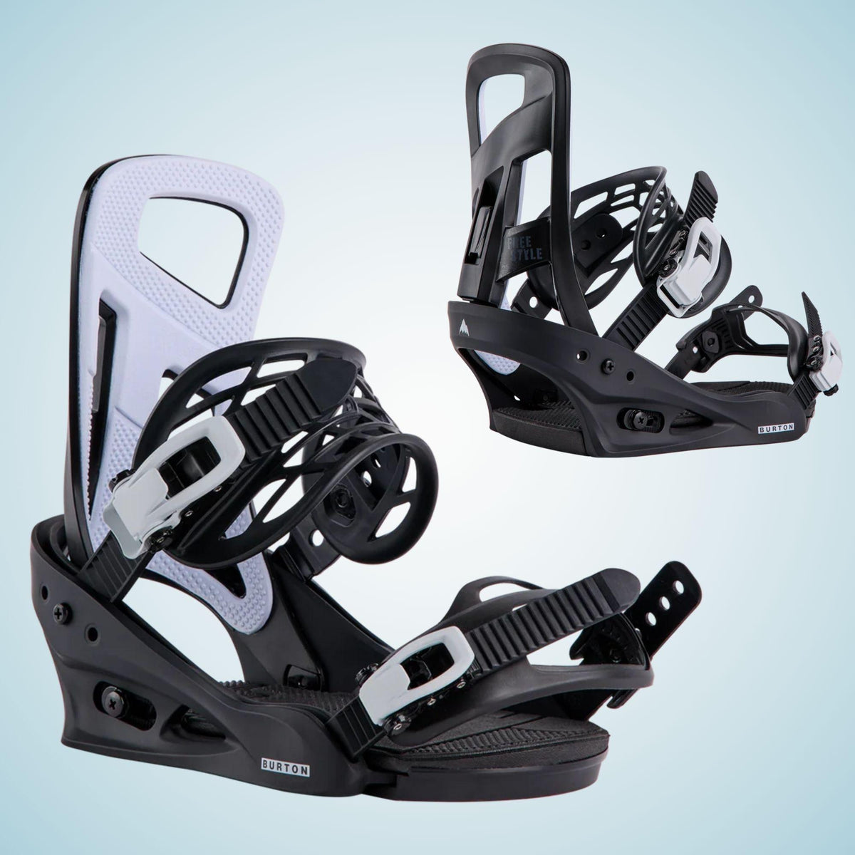 Deux fixations snowboard Burton Freestyle Re:Flex Black présentées ensemble, avec spoilers noirs et empiècements gris clair
