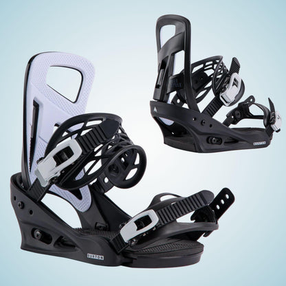 Deux fixations snowboard Burton Freestyle Re:Flex Black présentées ensemble, avec spoilers noirs et empiècements gris clair