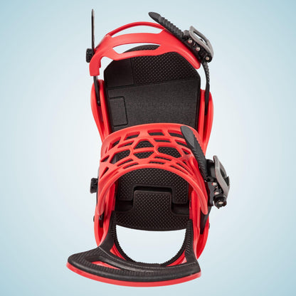 Vue plongeante sur la Freestyle Re:Flex rouge, montrant les deux straps noirs et rouges à l’intérieur de la fixation