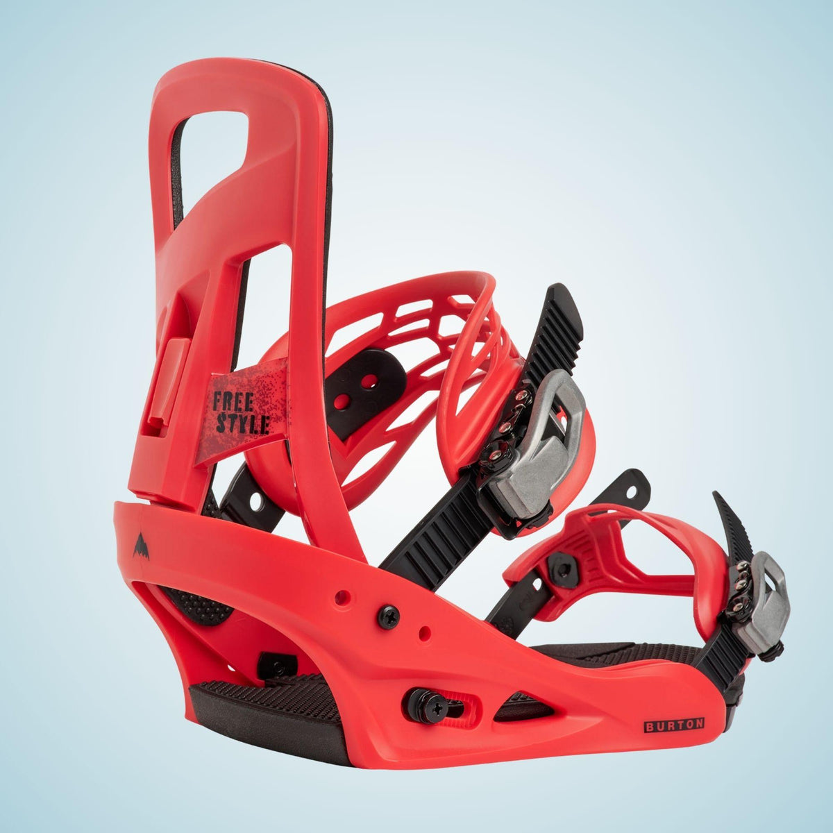 Fixation Burton rouge vue de profil, avec spoiler vertical, sangles ouvertes, boucles noires et embase Re:Flex
