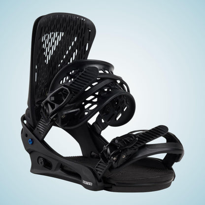 Fixation snowboard Burton Genesis Re:Flex Black vue de profil, avec spoiler ajouré, embase noire et sangles ouvertes