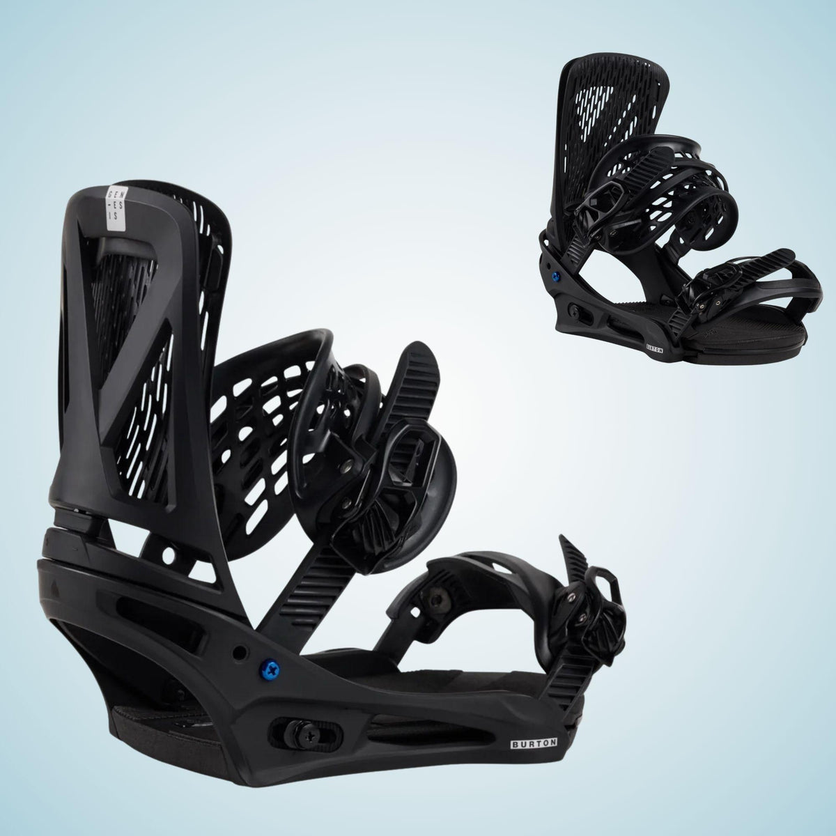 Deux fixations snowboard Burton Genesis Re:Flex Black présentées ensemble, avec spoilers ajourés et straps noirs ouverts