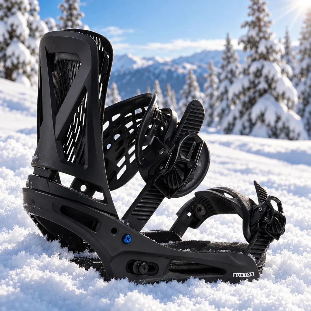 fixation snowboard genesis re flex noire burton pour homme posée dans la neige