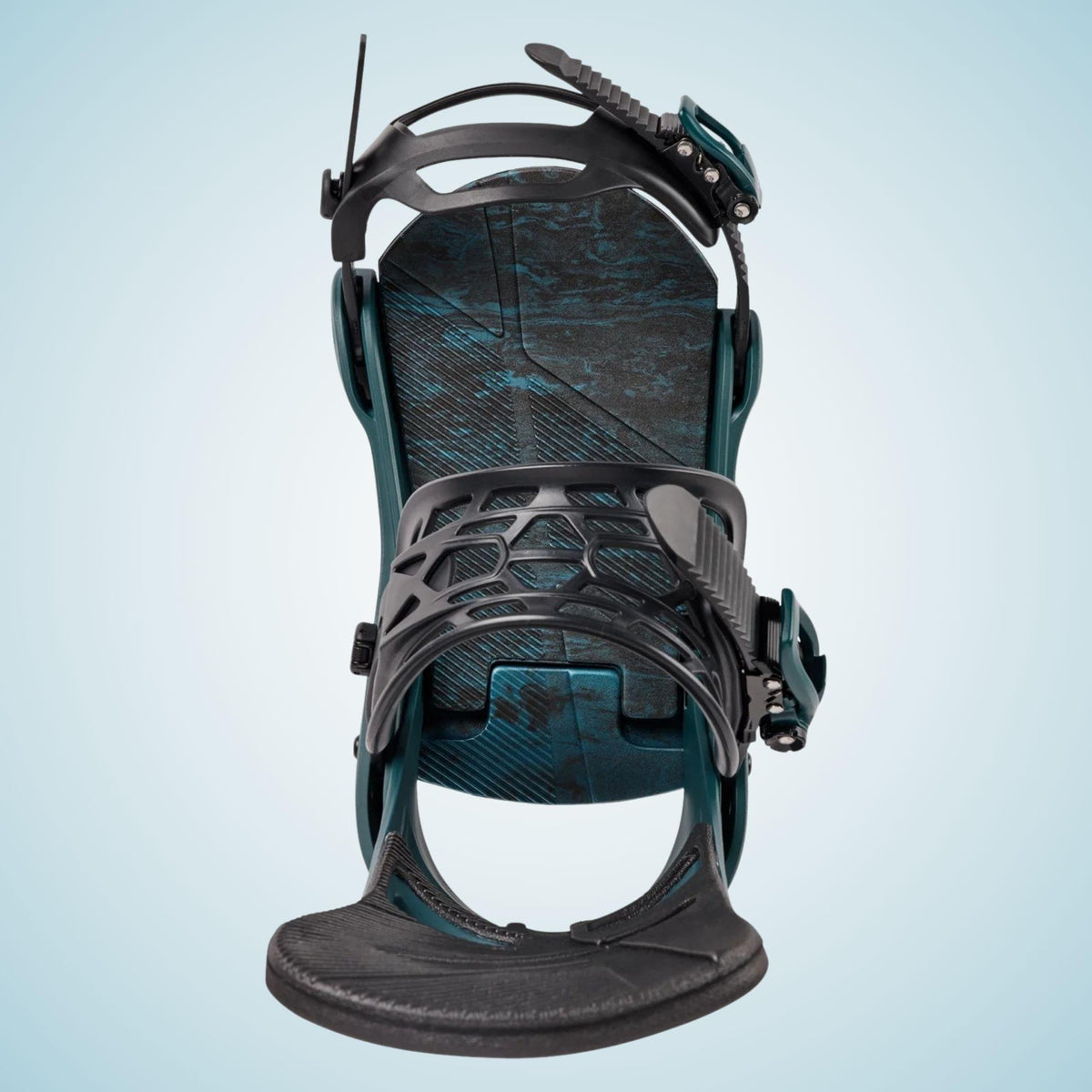Fixation Burton Mission Re:Flex vue de dessus, avec straps noirs ouverts et embase vert pétrole visible au centre