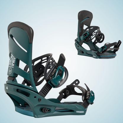Deux fixations snowboard Burton Mission Re:Flex vert pétrole présentées ensemble, avec spoilers hauts, straps noirs et embases assorties