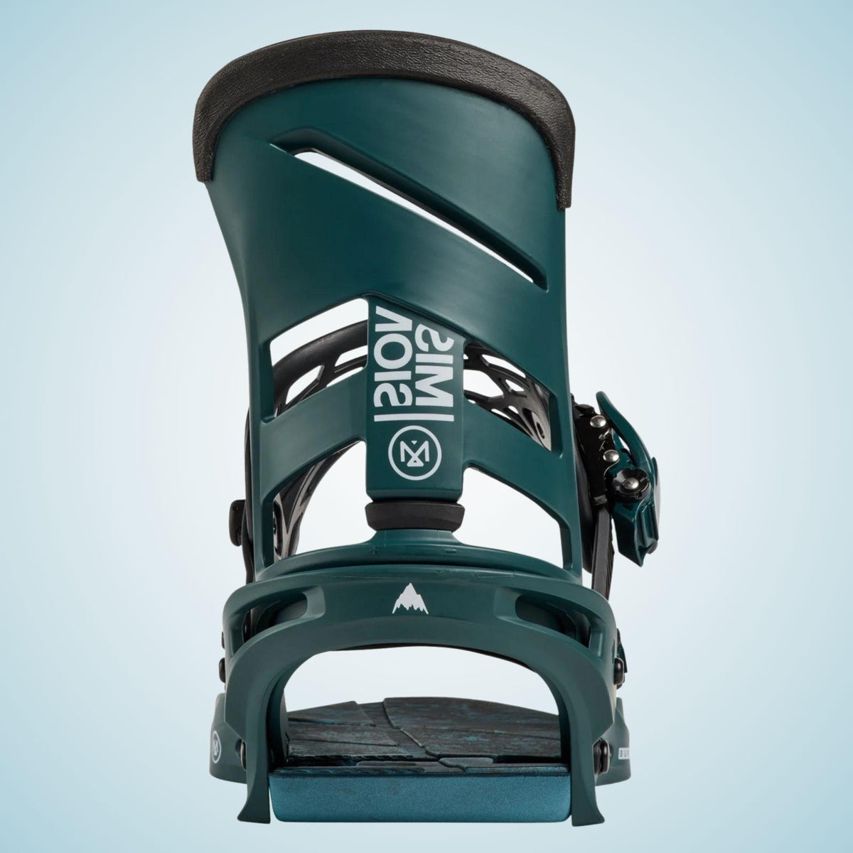 Arrière de la fixation Burton vert pétrole, avec spoiler vertical ajouré, bande diagonale claire et arceau de talon noir