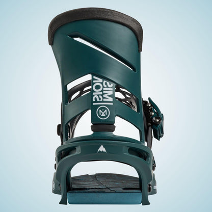 Arrière de la fixation Burton vert pétrole, avec spoiler vertical ajouré, bande diagonale claire et arceau de talon noir