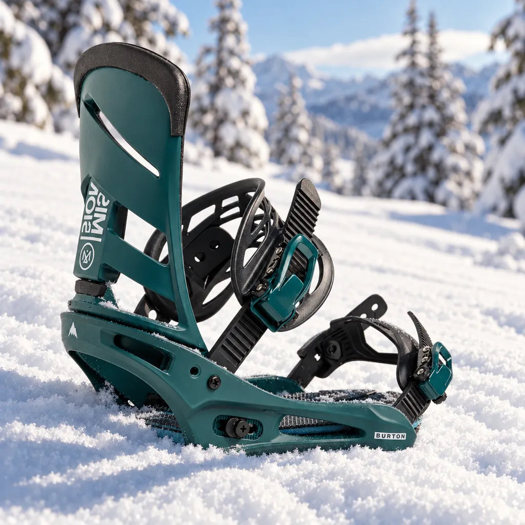 fixation snowboard mission re flex verte burton pour homme posée dans la neige