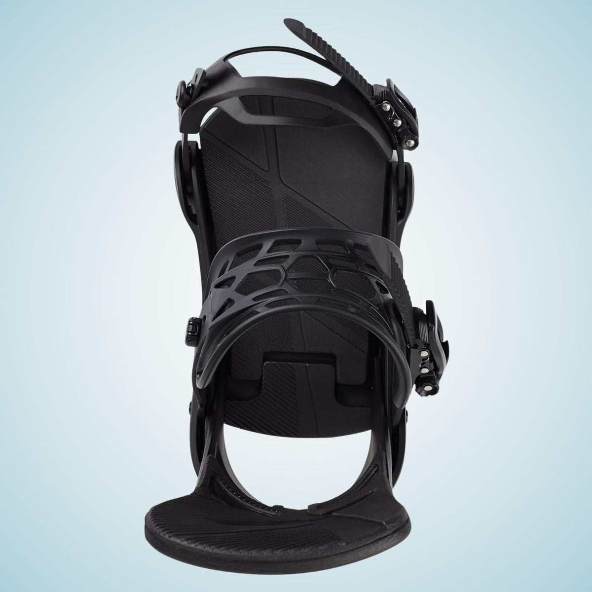 Fixation snowboard noire vue du dessus, avec straps ouverts, boucles Smooth Glide latérales et embase visible au centre