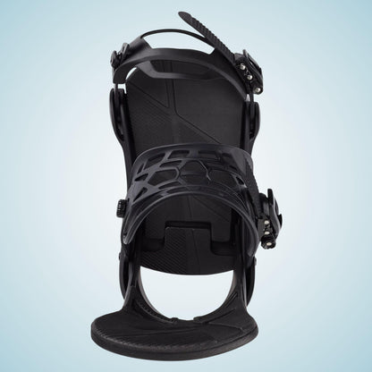 Fixation snowboard noire vue du dessus, avec straps ouverts, boucles Smooth Glide latérales et embase visible au centre