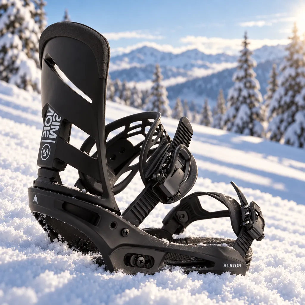 fixation snowboard mission re flex noire burton pour homme posée dans la neige