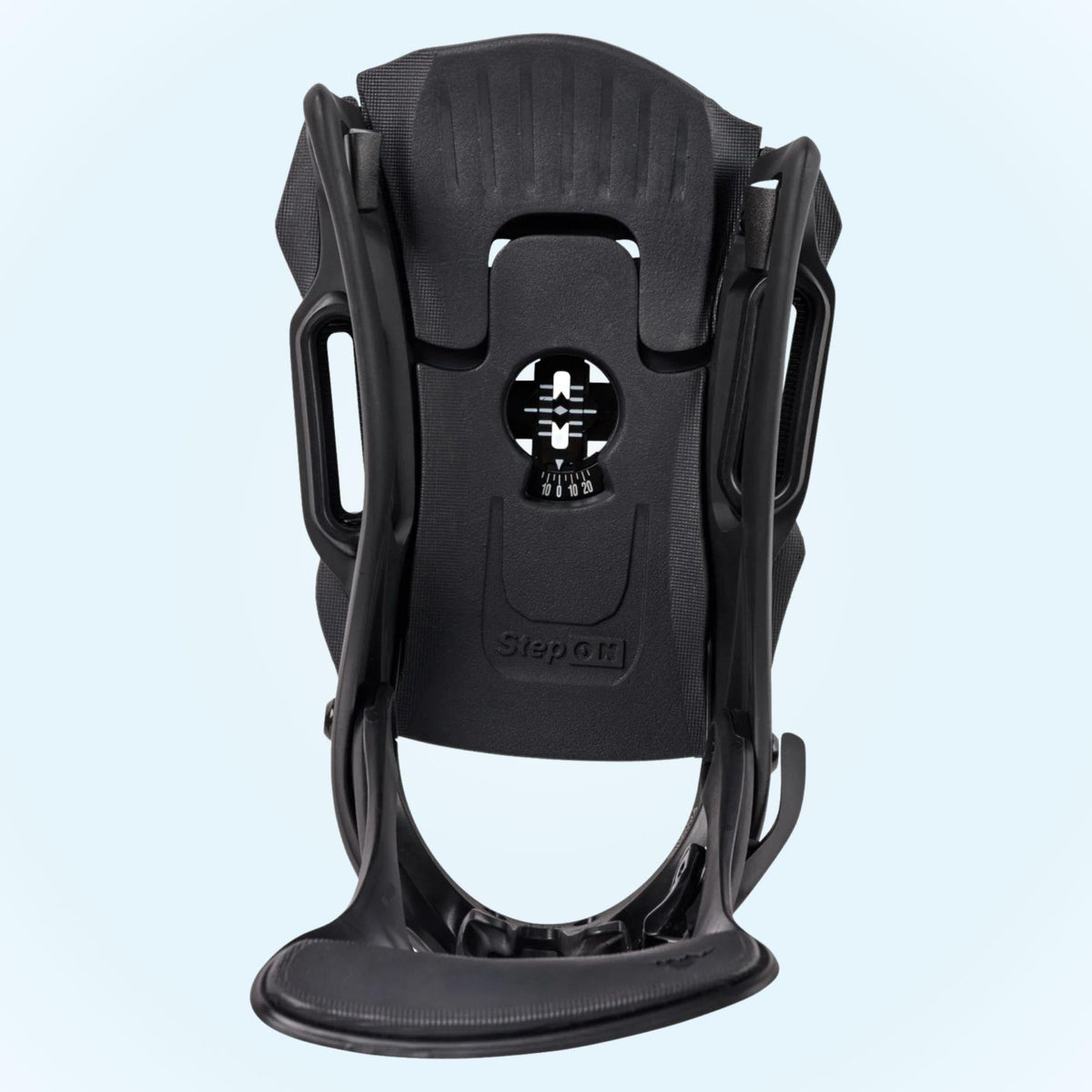 Fixation Burton Step On Cartel X EST Black vue du dessus, avec assise SensorBED, réglage central gradué et points d’ancrage latéraux