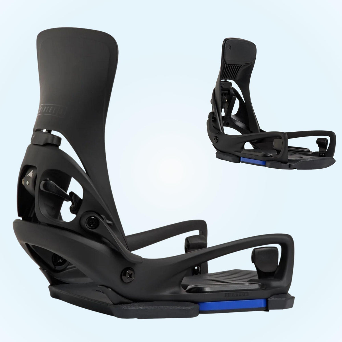 Deux fixations snowboard Burton Step On Cartel X EST Black présentées ensemble, structure noire sans straps et rails EST violets
