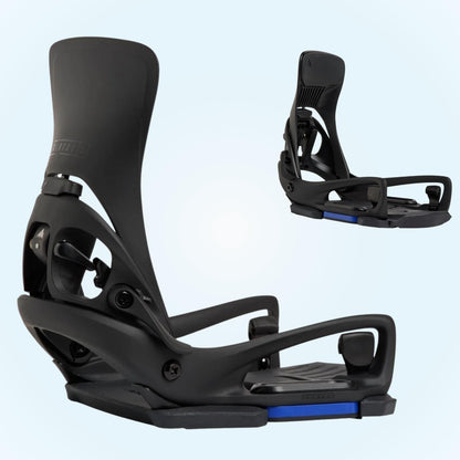Deux fixations snowboard Burton Step On Cartel X EST Black présentées ensemble, structure noire sans straps et rails EST violets