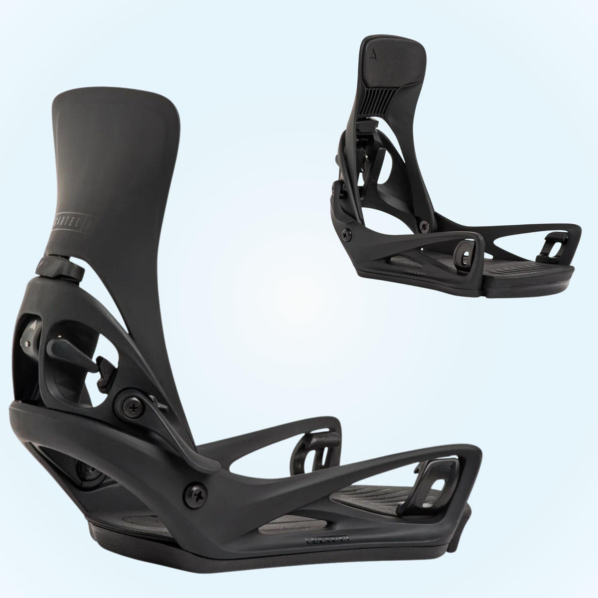 Deux fixations snowboard Burton Step On Cartel X Black présentées ensemble, châssis noir sans straps et spoilers hauts