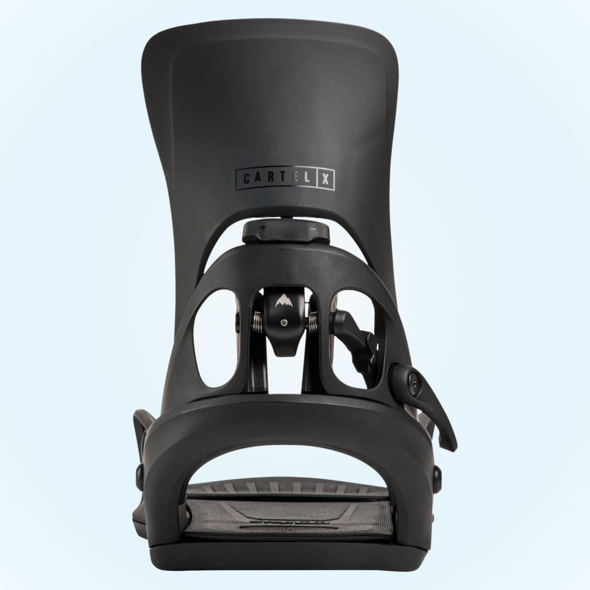 Arrière de la Burton Cartel X Black, avec spoiler noir arrondi, ouverture centrale et mécanisme Step On au talon