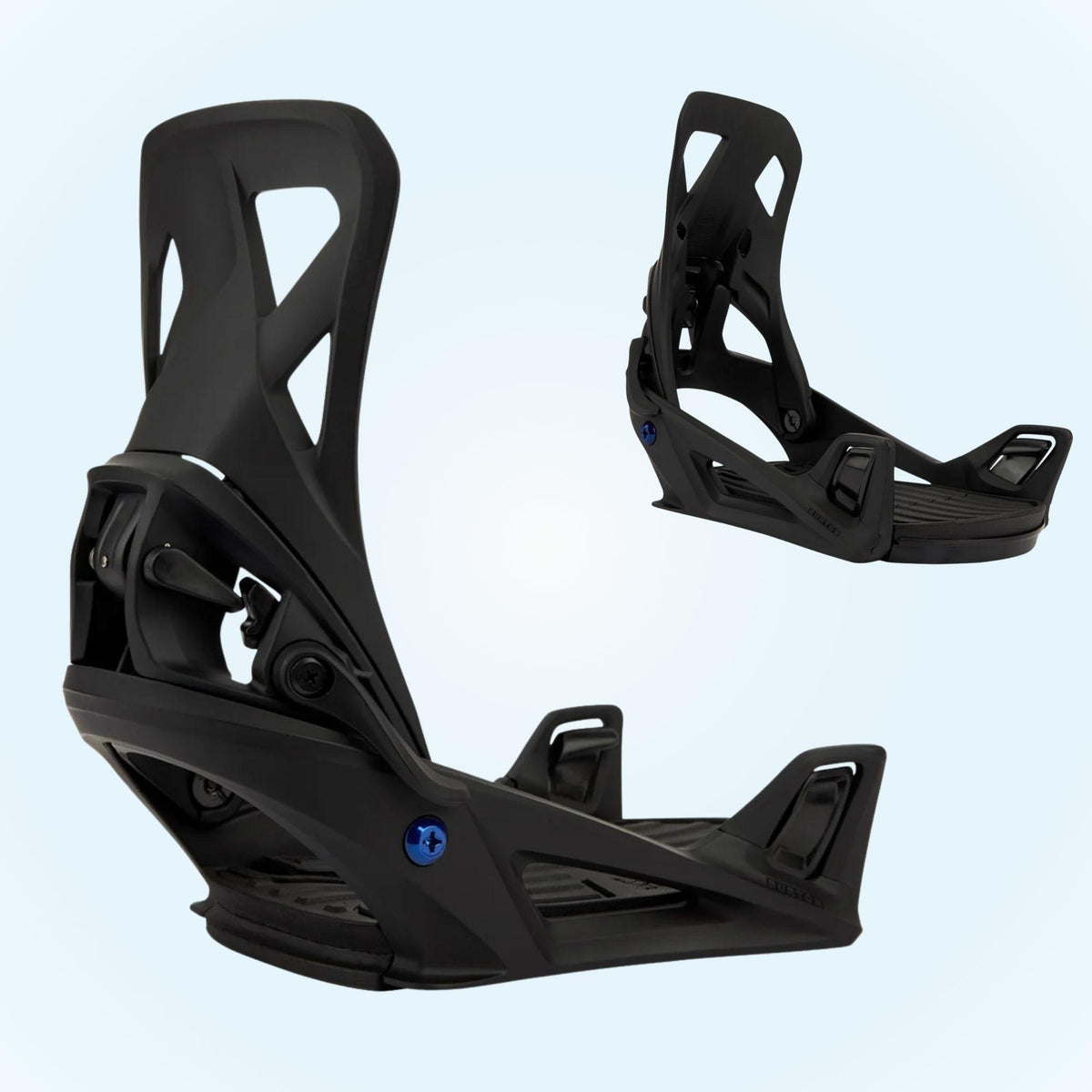 Deux fixations snowboard Burton Step On Re:Flex Black présentées ensemble, construction noire sans straps et spoilers ajourés