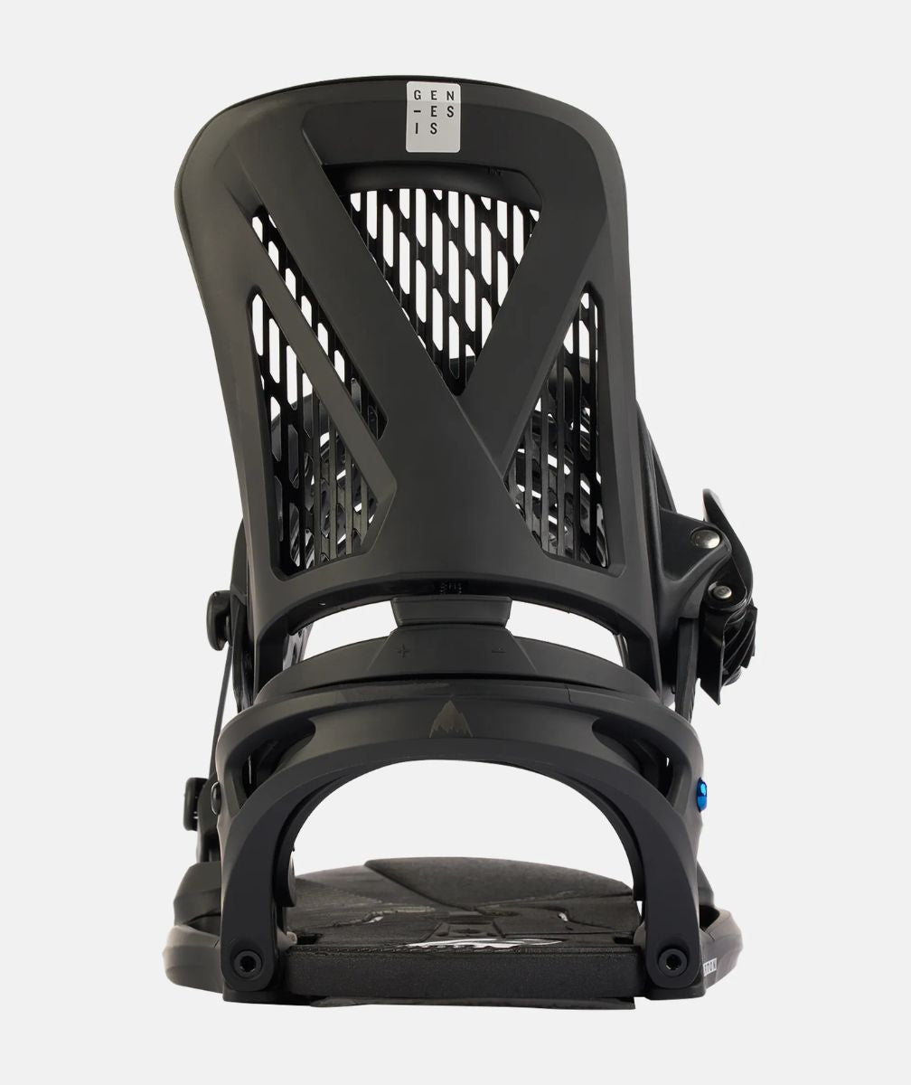 fixation snowboard Burton Genesis EST homme vue de face baseplate noire et spoiler ajouré
