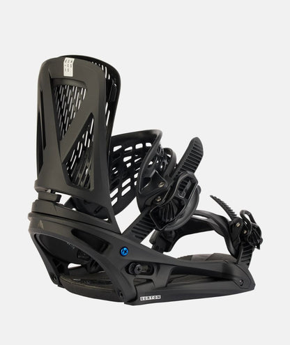 fixation Burton Genesis EST snowboard homme vue trois quarts avant straps et spoiler visibles