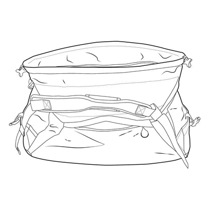 Schéma explicatif du sac Burton Multipath Duffel 60L Black montrant sa forme et son ouverture extensible