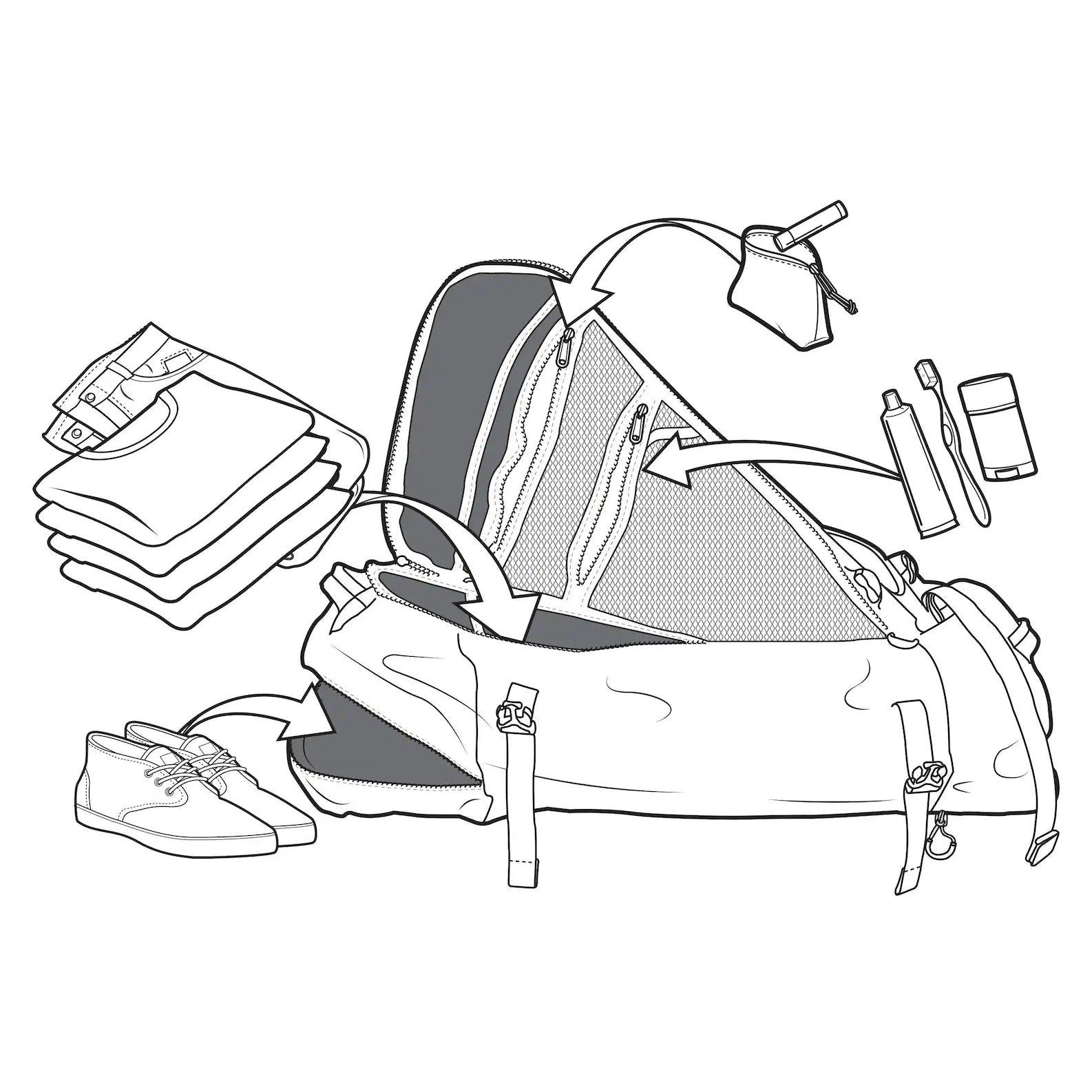 Schéma explicatif du sac Burton Multipath Duffel 90L Black avec grand compartiment, sangles et volume de voyage