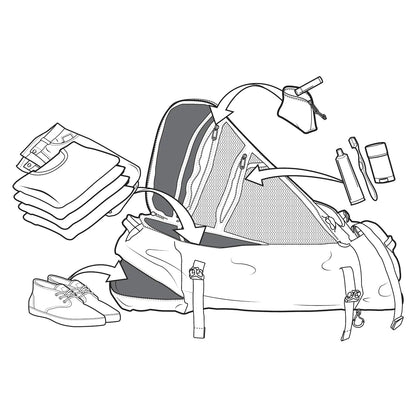 Schéma explicatif du sac Burton Multipath Duffel 90L Black avec grand compartiment, sangles et volume de voyage