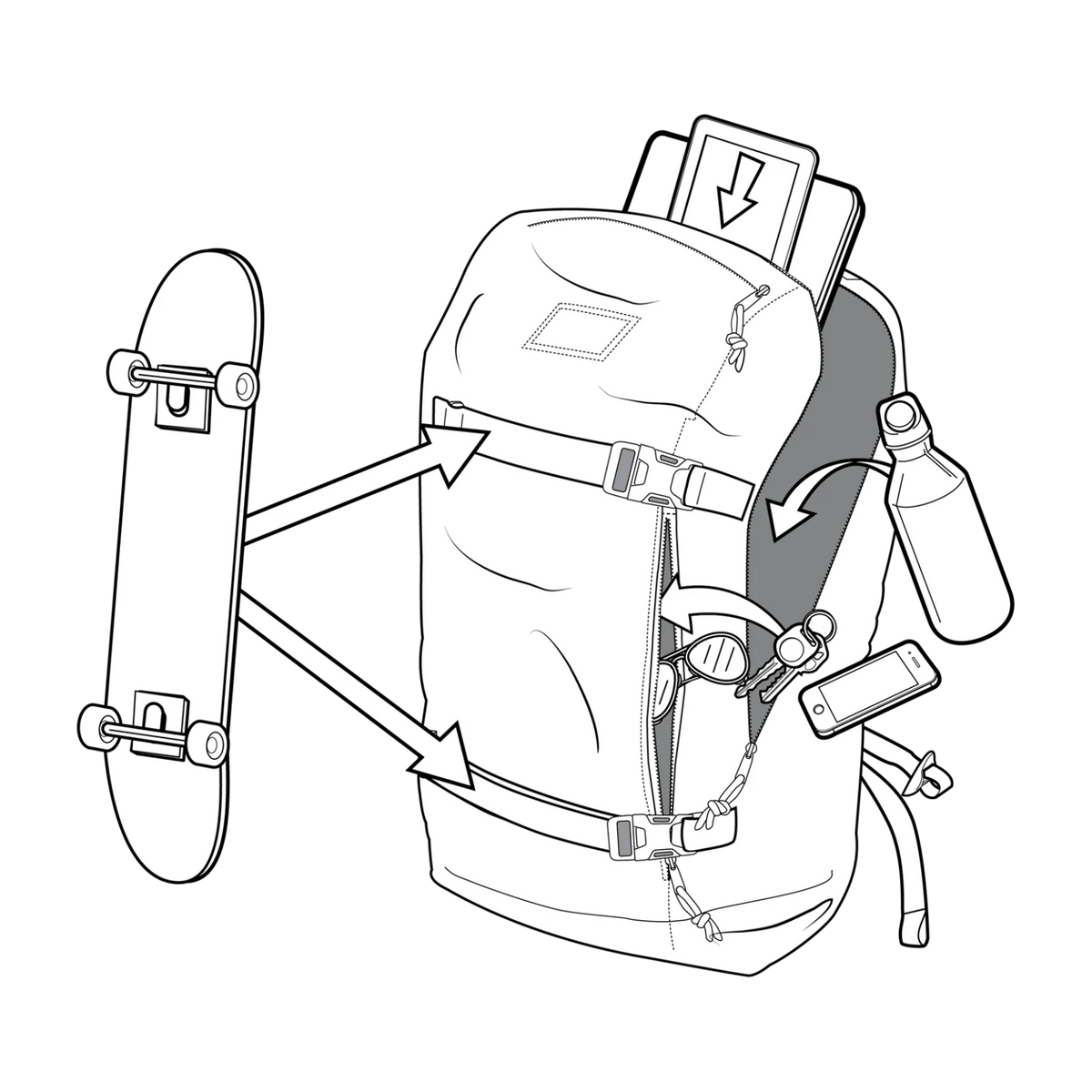 illustration des différents compartiments du sac burton kilo 2.0 black avec sangles porte skateboard