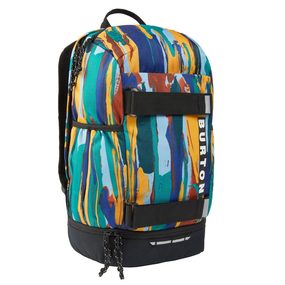 sac à dos burton disortion paint stripe vue de face avec bandes multicolores verticales et poche à chaussures